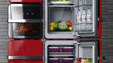 Red Smeg Fridge - Red Smeg - home home appliance, kitchen appliance, major appliance, product, product design, refrigerator, shelf, shelving, black, gray