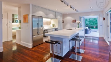 Modern Kitchen - Modern Kitchen - countertop | countertop, floor, flooring, hardwood, home, interior design, kitchen, laminate flooring, living room, real estate, room, wood flooring, gray