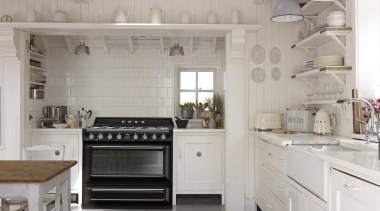 Cream Kettle and Toaster in classic kitchen design cabinetry, countertop, cuisine classique, floor, flooring, home appliance, interior design, kitchen, kitchen appliance, kitchen stove, room, gray