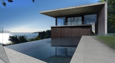 The infinity pool provides the best place to architecture, estate, facade, home, house, property, real estate, reflection, sky, gray, teal