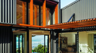 Makarori Beach House - V-Rib - Slate - architecture, facade, home, house, property, real estate, siding, window, wood