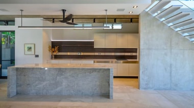 Natural marble and concrete make for complementary surfaces architecture, countertop, floor, interior design, lobby, loft, gray