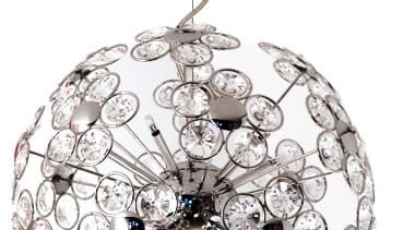 FeaturesA striking design styled with clusters of high body jewelry, ceiling fixture, chandelier, light fixture, lighting, white