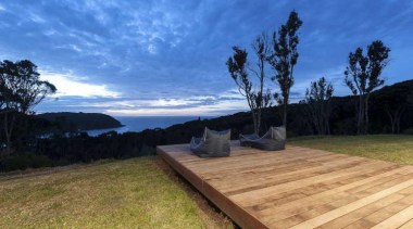 Wooden deck facing out to the waters - cloud, estate, grass, house, landscape, property, real estate, sky, tree, blue