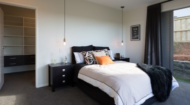 Landmark Homes Riverhead Design Master Bedroom - Landmark bed frame, bedroom, floor, furniture, home, interior design, property, real estate, room, wall, window, gray, black