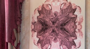 The Poppy Day wallhanging is inspired by macro flower, flower arranging, magenta, petal, pink, textile, gray, red