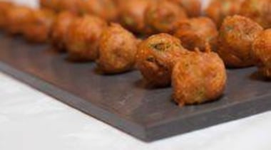 Feta and Cumin Fritters on Caearstone Piatra Grey dish, food, fried food, fritter, meatball, pakora, brown, white