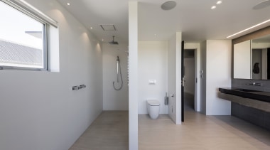 Layered areas of use in this ensuite echo architecture, bathroom, daylighting, floor, flooring, home, house, interior design, property, real estate, gray