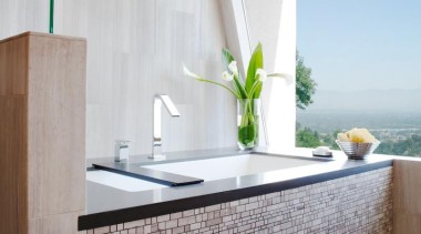 This tub overlooks the entire valley. Great views architecture, bathroom, floor, home, interior design, room, sink, tap, tile, wall, gray, white