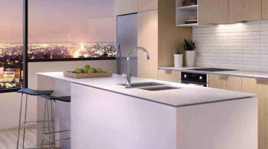 Apartment elevated on the crescent of St Kilda cabinetry, countertop, floor, flooring, interior design, kitchen, gray