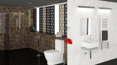 Featured with Loft Towel Warmer, Studio 1 Wall bathroom, floor, flooring, interior design, plumbing fixture, room, tile, wall, black, white