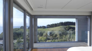 Automated blinds retract at a push of button architecture, ceiling, daylighting, floor, house, interior design, real estate, window, gray