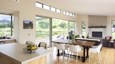 Timber flooring contemporary kitchen and dining area countertop, interior design, kitchen, real estate, window, gray