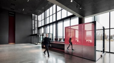 Large windows flood the foyer with light - architecture, floor, interior design, lobby, tourist attraction, black, gray