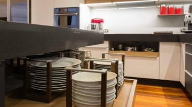 Great storage for your plates, bowls and pots.For countertop, interior design, kitchen, black, gray