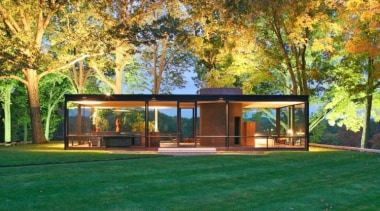 Photo by Robin Hill - The Glass House architecture, backyard, cottage, estate, facade, grass, home, house, lawn, outdoor structure, pavilion, property, real estate, yard, green, brown