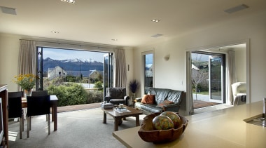 Open plan kitchen-dining-living area with expansive view to apartment, ceiling, condominium, estate, home, house, interior design, living room, penthouse apartment, property, real estate, room, window, gray