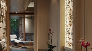 This new house, designed by Charles R Stinson cabinetry, ceiling, floor, flooring, interior design, lobby, brown