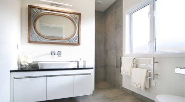 Vanity by Athena (Sirocco Alumino) with Valdama basin. bathroom, bathroom accessory, bathroom cabinet, home, interior design, product design, room, sink, tap, white, gray