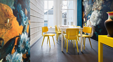 'Droog' is the wallpaper installation that has been art, chair, furniture, interior design, modern art, painting, room, table, yellow, gray