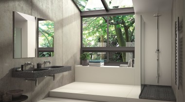 Ambiente baño vivienda - Lavabo Exclusive Silestone color architecture, bathroom, house, interior design, window, gray