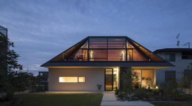 House with a large hipped roofNaoi architecture&amp;design architecture, building, corporate headquarters, cottage, daylighting, elevation, estate, facade, home, house, lighting, property, real estate, residential area, roof, sky, villa, window, blue, black