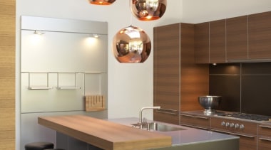 This woodland home by (fer) studio is designed ceiling, countertop, interior design, kitchen, light fixture, lighting, product design, table, gray