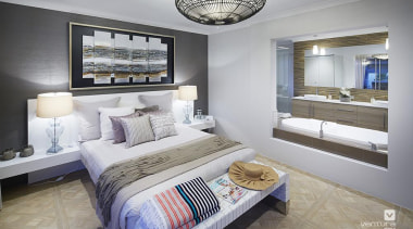 Master ensuite design. - The Sanctuary Display Home bed frame, bedroom, ceiling, home, interior design, living room, real estate, room, suite, gray