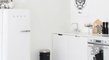 You may not see the white Smeg fridge black and white, furniture, home appliance, interior design, product, product design, table, tap, white, white