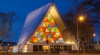 EXCELLENCE AWARDChristchurch Transitional Cathedral (1 of 4) architecture, building, christmas tree, corporate headquarters, facade, landmark, lighting, metropolis, mixed use, night, sky, tourist attraction, tree, blue, brown