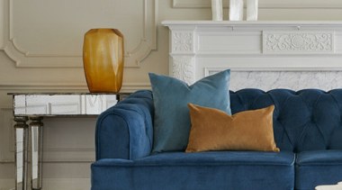 Plush, a sumptuous velvet-look polyester brings together old chair, coffee table, couch, floor, furniture, home, interior design, living room, loveseat, room, sofa bed, studio couch, table, gray