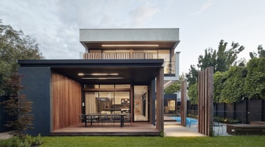 The upper level appears to float behind the architecture, elevation, facade, home, house, real estate, white, brown