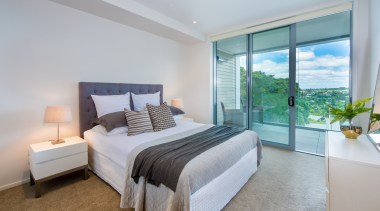 Bedroom with ensuite and balcony - Bedroom with bed frame, bedroom, ceiling, condominium, estate, home, interior design, property, real estate, room, suite, window, gray