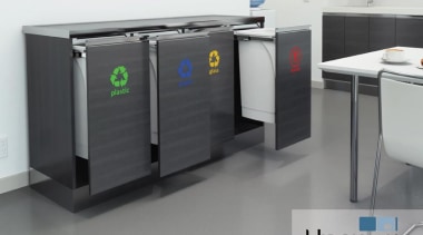 Installing side-by-side 50L Hideaway Bins is an ideal product, product design, waste container, waste containment, gray, black, white