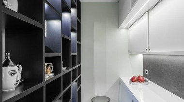 Sliding doors and open shelves make it easy architecture, countertop, interior design, kitchen, room, gray, black