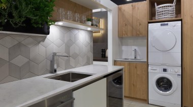 scullery, laundry, veneer, tiled splashback - Home show countertop, home appliance, kitchen, laundry, laundry room, major appliance, room, gray