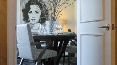 View From Library To Dining Room - View chest of drawers, door, floor, furniture, home, interior design, room, table, window, wood, gray