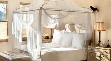 The master bedroom European touches and views of bed, bed frame, bedroom, four poster, furniture, home, interior design, mosquito net, product, white