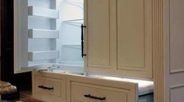 White Fridge with a twist - is it cabinetry, chest of drawers, cupboard, drawer, furniture, kitchen, product, wood stain, brown, gray