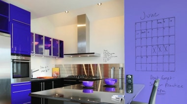 Make family organisation a breeze with IdeaPaint. - interior design, kitchen, product design, purple, blue, gray