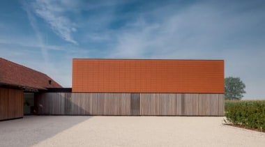 Single family house barn extension, Lokeren, BelgiumPascal Francois architecture, building, facade, home, house, property, real estate, roof, shed, sky, teal, gray