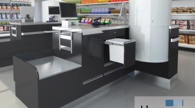 A 15L Hideaway Bin at a checkout makes display case, product, product design, retail, gray, black