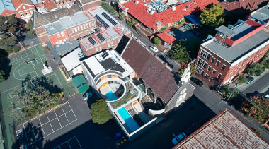 The church from above - The church from aerial photography, bird's eye view, building, city, house, mixed use, neighbourhood, photography, real estate, residential area, roof, suburb, urban area, urban design, water, gray