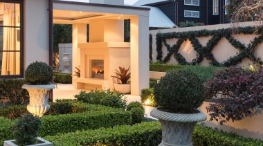 Mellons Bay 3 - backyard | cottage | backyard, cottage, estate, facade, garden, home, house, landscaping, mansion, outdoor structure, property, real estate, residential area, roof, walkway, window, white