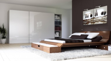 A normal cupboard or well styled wall? That bed, bed frame, bedroom, floor, furniture, interior design, mattress, product design, white