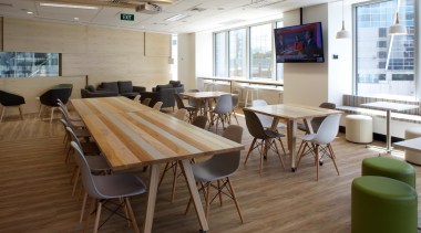 The Nib office in the Vero Centre, Auckland, chair, conference hall, flooring, furniture, interior design, table, brown, gray