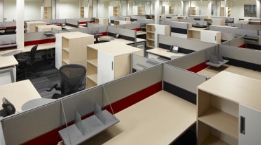 Office interiors have Australian-manufactured workstations, custom designed for furniture, interior design, office, gray