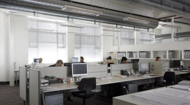 Steelwork and services were exposed to gain additional daylighting, interior design, office, gray, white, black