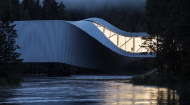 Built around a historical Norwegian pulp mill, The architecture, evening, reflection, river, sky, tree, water, watercourse, black, blue