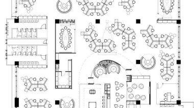 Approximately 150 workstations are positioned around the perimeter area, artwork, black and white, design, diagram, drawing, floor plan, font, line, line art, monochrome, pattern, plan, product, schematic, technical drawing, text, white